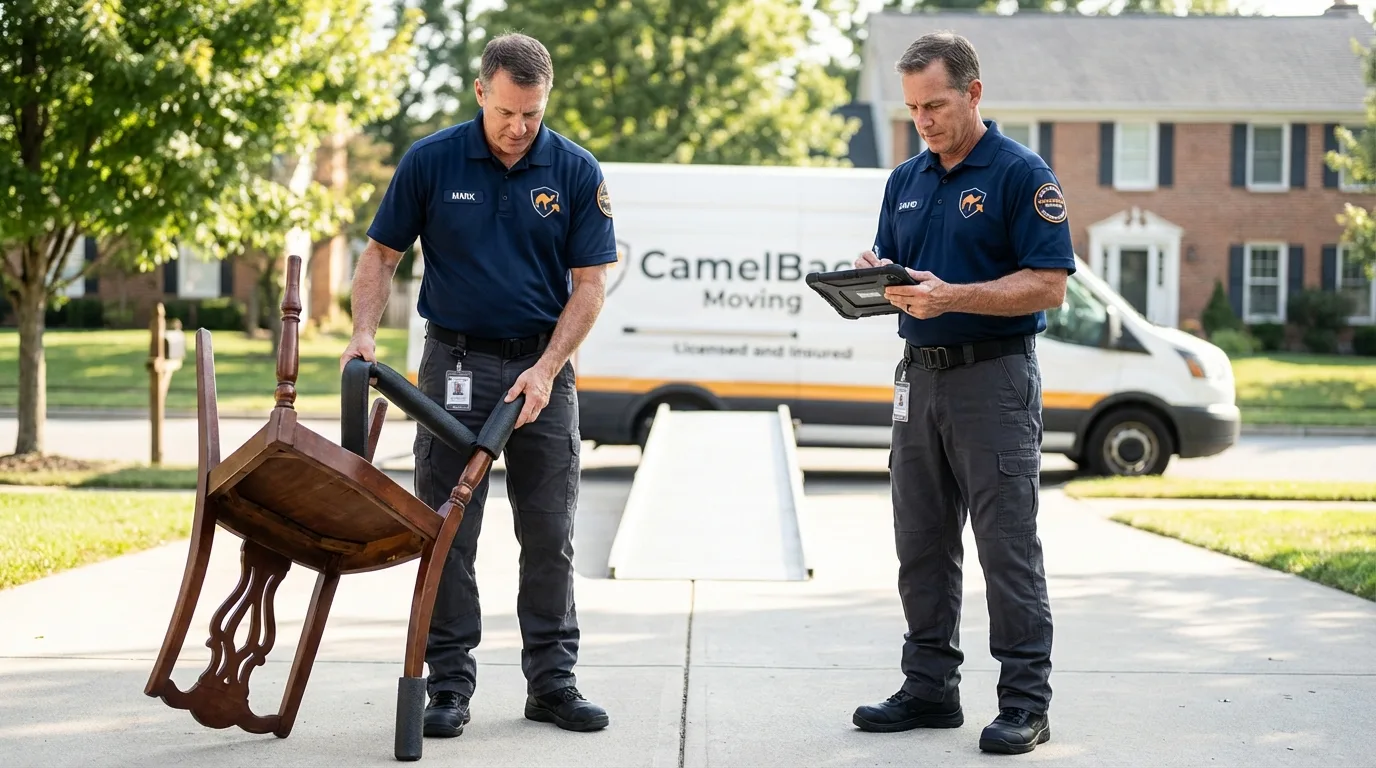 Movers inspecting furniture for damage prevention before loading in Campbellsville, KY