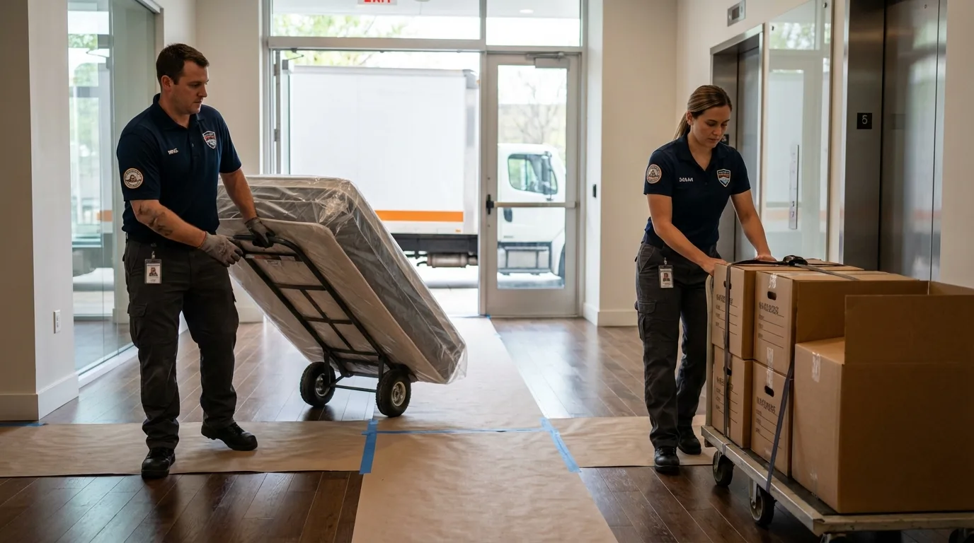 Professional apartment movers loading elevator in Campbellsville, KY