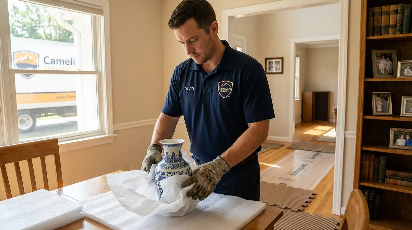 Professional crew carefully wrapping antique vase for senior downsizing move in Campbellsville, KY
