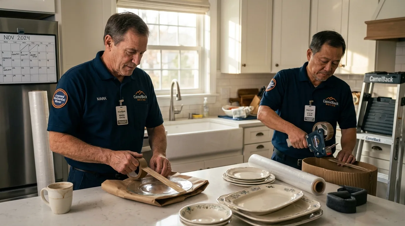 Professional crew packing kitchen dishware in Campbellsville, KY